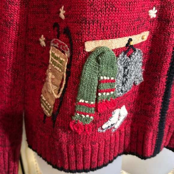 Coldwater Creek Red Knit Ugly Holiday Sweater Cardigan Winter Activities Medium - Picture 7 of 16